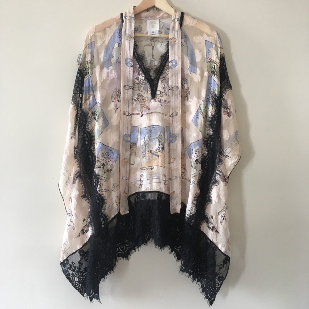 Anna Sui Spring 18 oversized silk jacquard & lace top London print